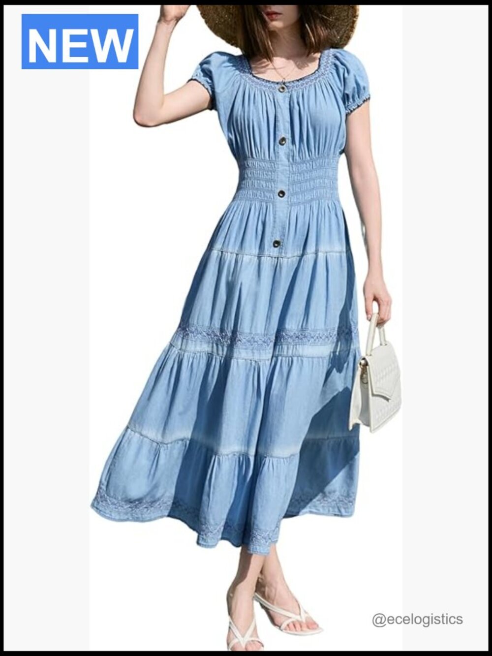 Denim Maxi Dress Scoop Neck Short Sleeve High Waist Ruffle Cotton Lightweight